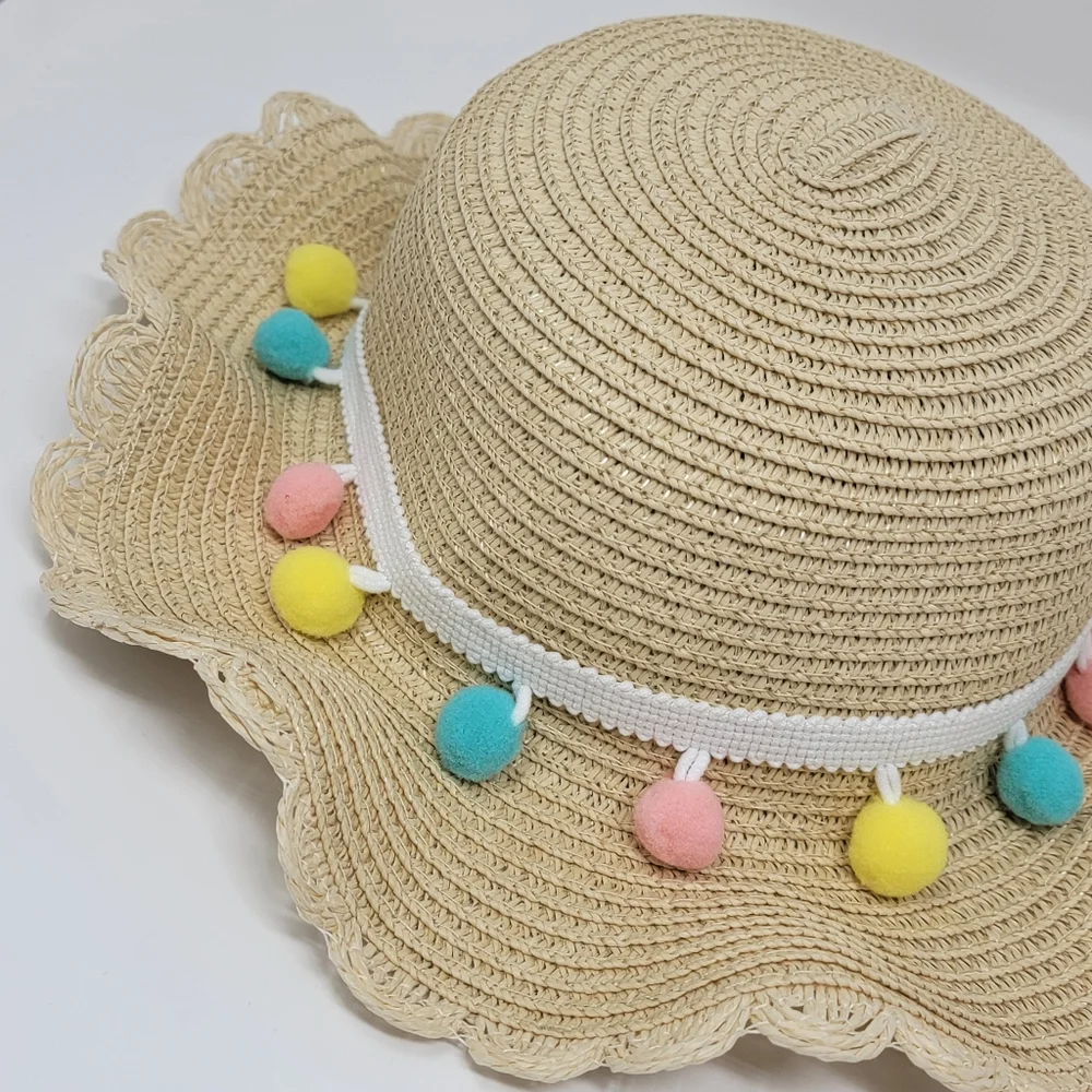 Kids Straw & Pastel Pom Pom Summer Hat & Matching Mini Purse Set